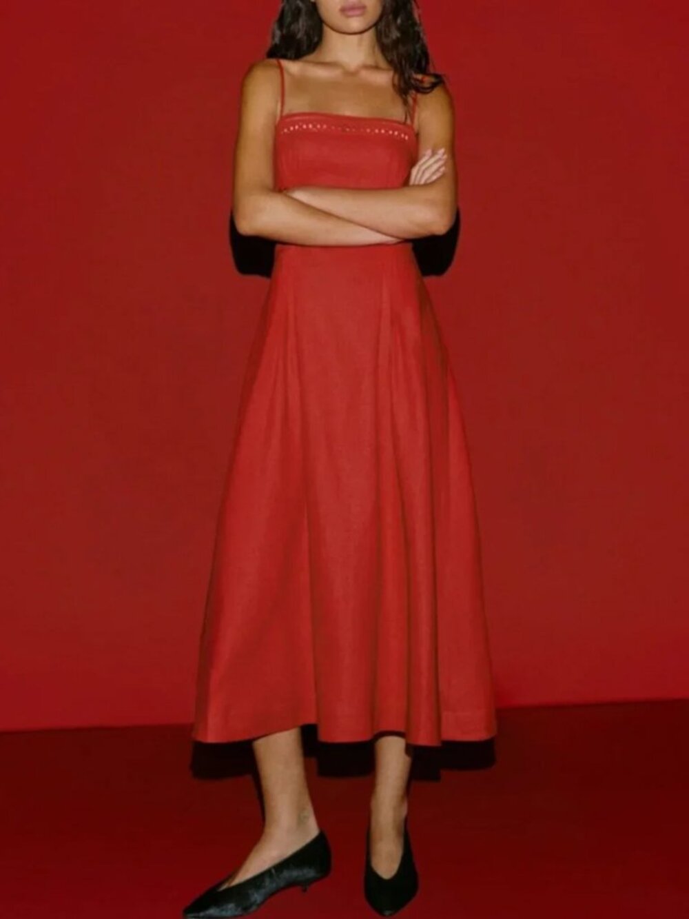 ✨ SALE✨EUC Reformation Pomona Linen Midi Dress Lipstick Red Lace Trim French